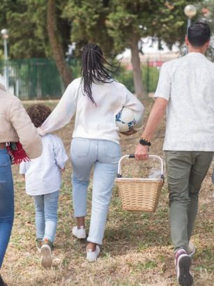 Family walking together carrying picnic basket in a sunny park.