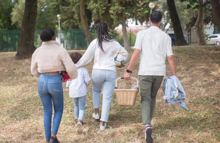 Family walking together carrying picnic basket in a sunny park.